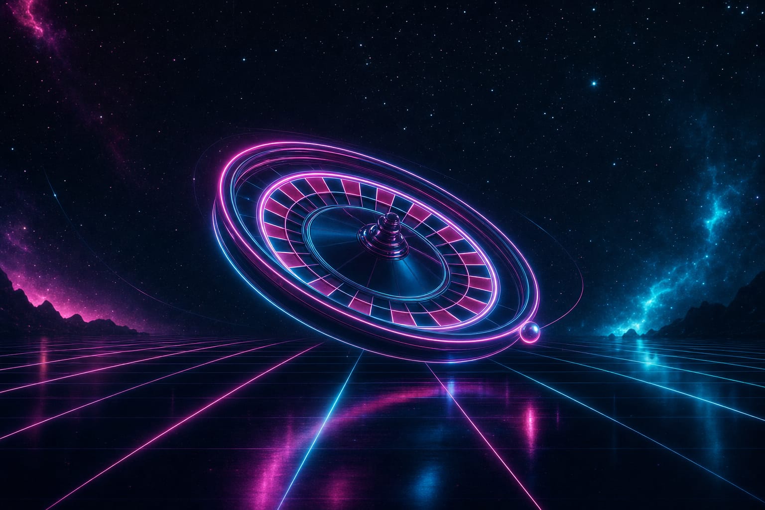 Neonszene: leuchtender Roulette-Ring aus Magenta- und Cyan-Licht über einem spiegelnden Gitterboden unter Sternenhimmel